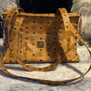 Vintage MCM Visetos Shoulder Bag (Cognac, Logo, Canvas and Leather) AUTHENTIC